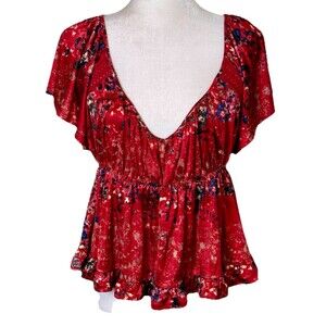 Free People Women's Red Floral Sexy Boho Peplum Blouse Flutter Sleeve Deep V Med